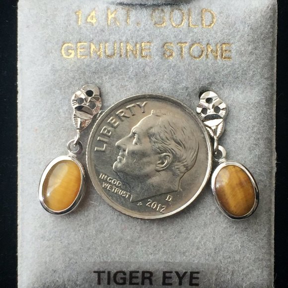VTG UNWORN White Gold + Tiger Eye Pierced Dangling Earrings NIB - Picture 3 of 7